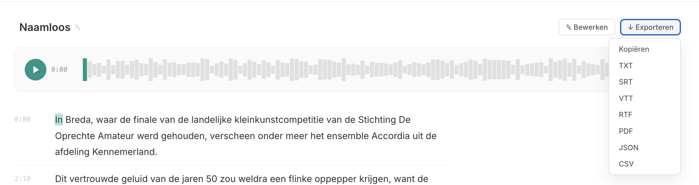 Export dropdown menu